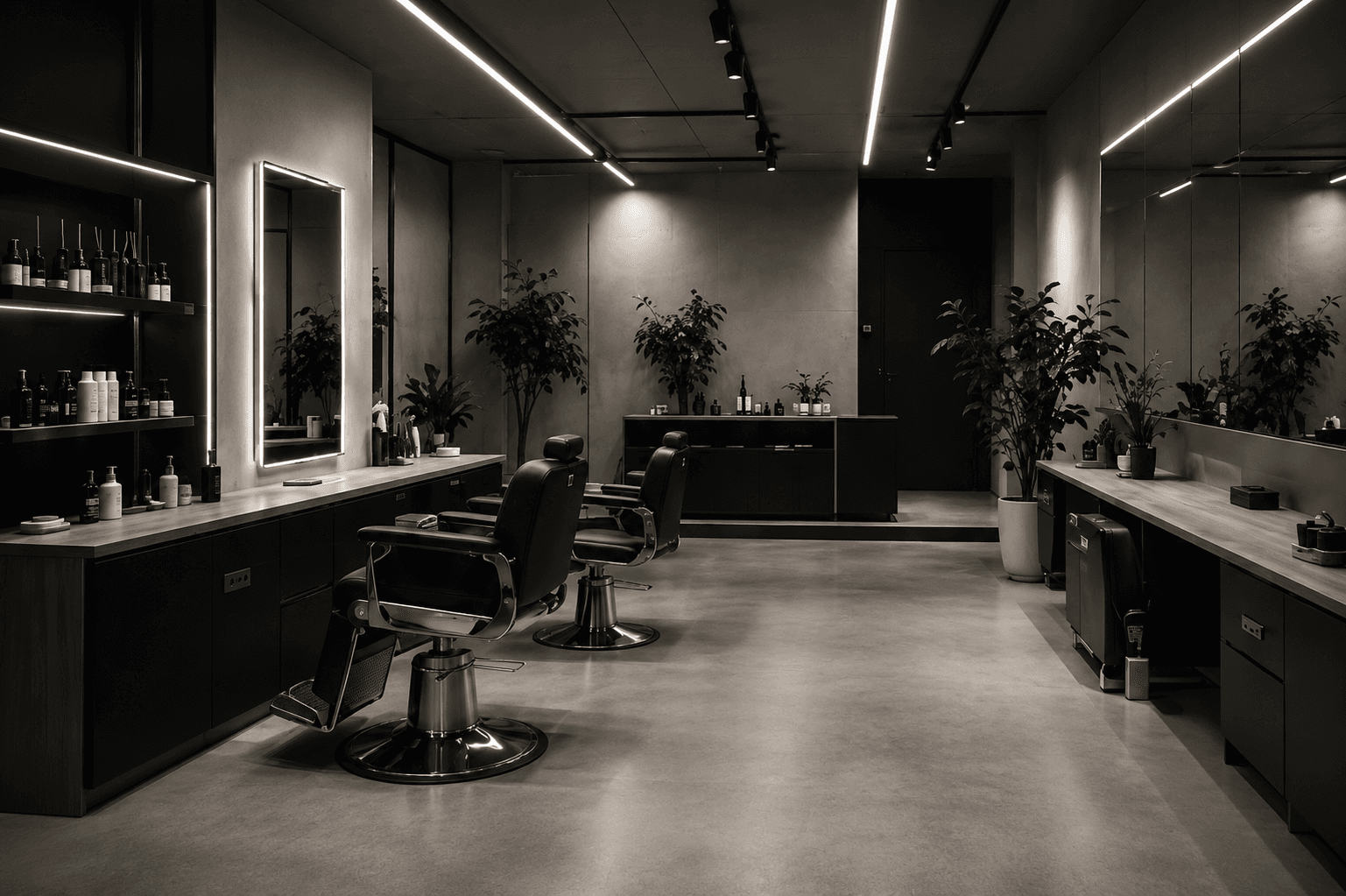 Intérieur de l'Atelier Brut — fauteuils barbier, matériaux bruts, ambiance feutrée